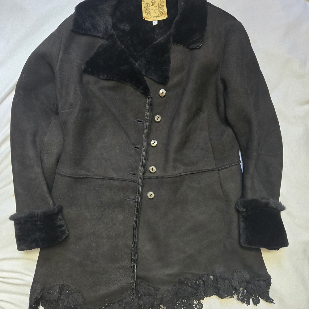 Nigel Preston & Knight Black Shearling Trim Coat with Lace Hem